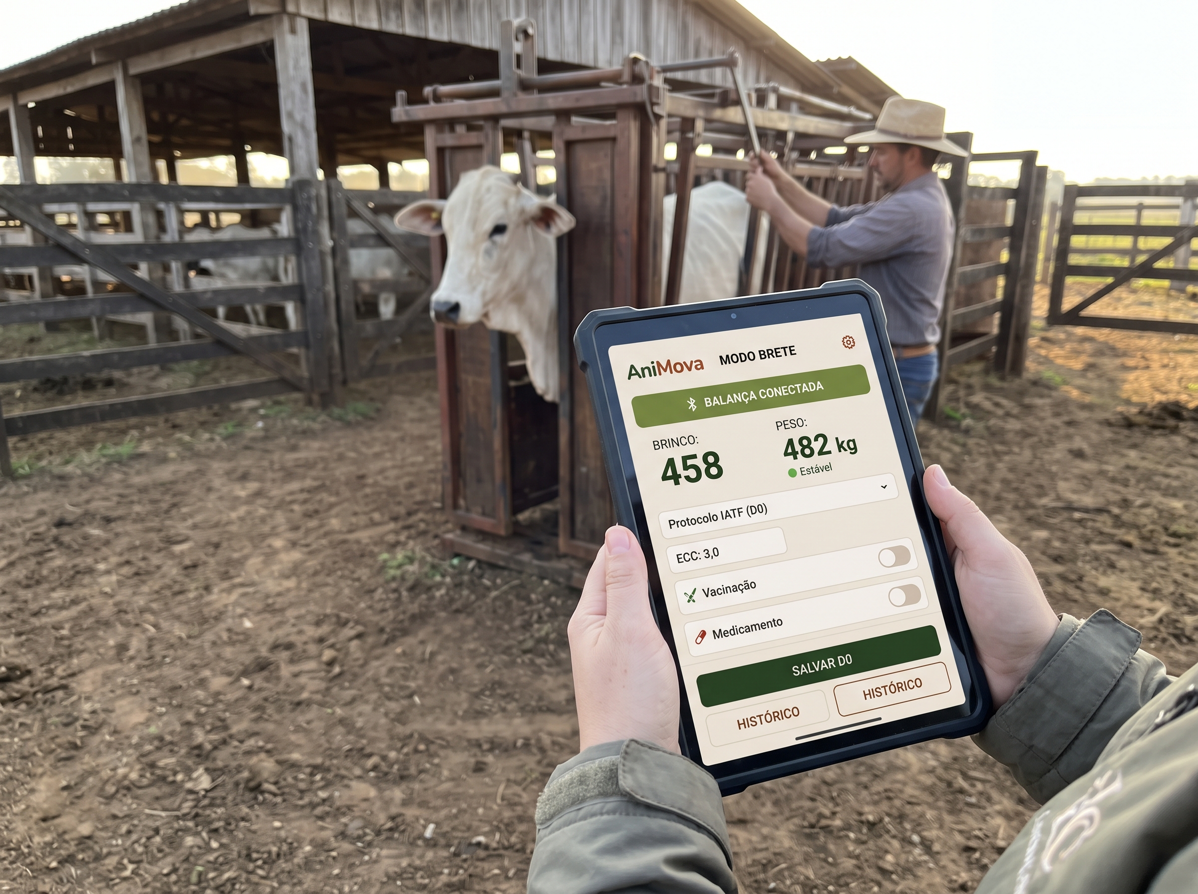 Modo Brete AniMova com tablet e balanças no curral